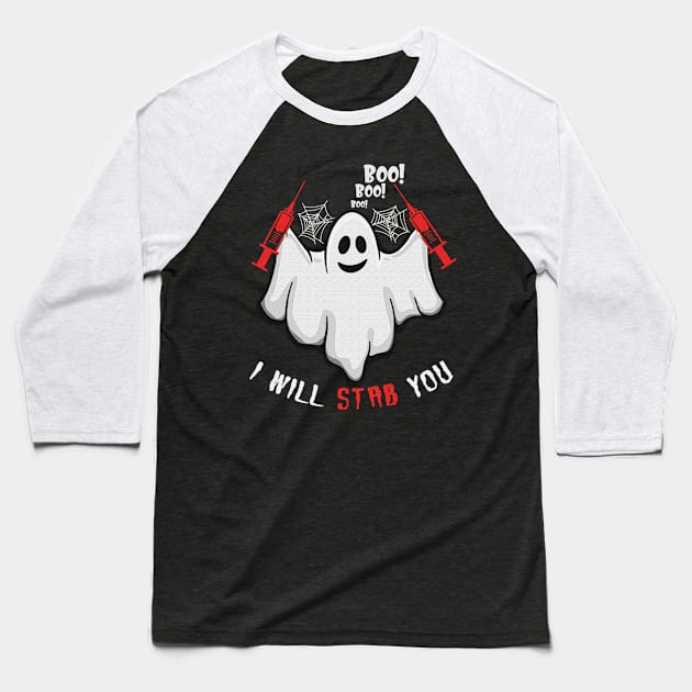 Cartoon ghost I will stab you tshirt funny halloween gift shirt Baseball T-Shirt by American Woman